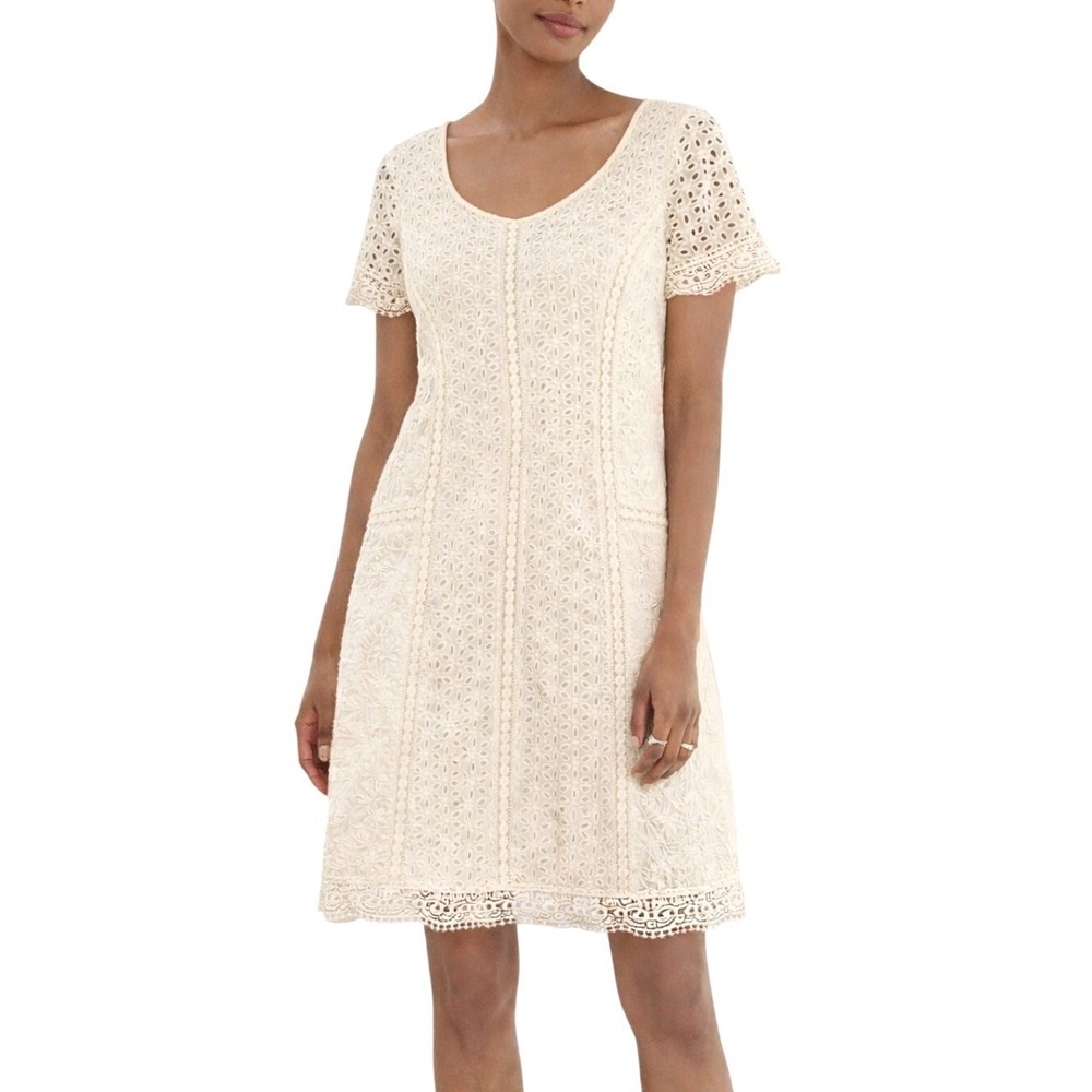 Sundance Eyelet Lace Shift Dress Short Sleeve Petite 8 Antique White/Ivory